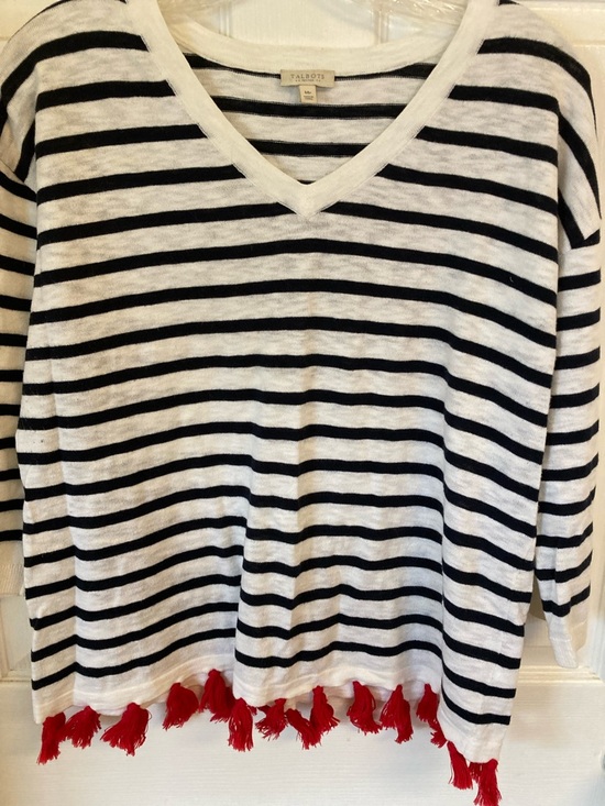 Talbots Sweaters - Talbots Navy and White Striped V-Neck with Red Tassels